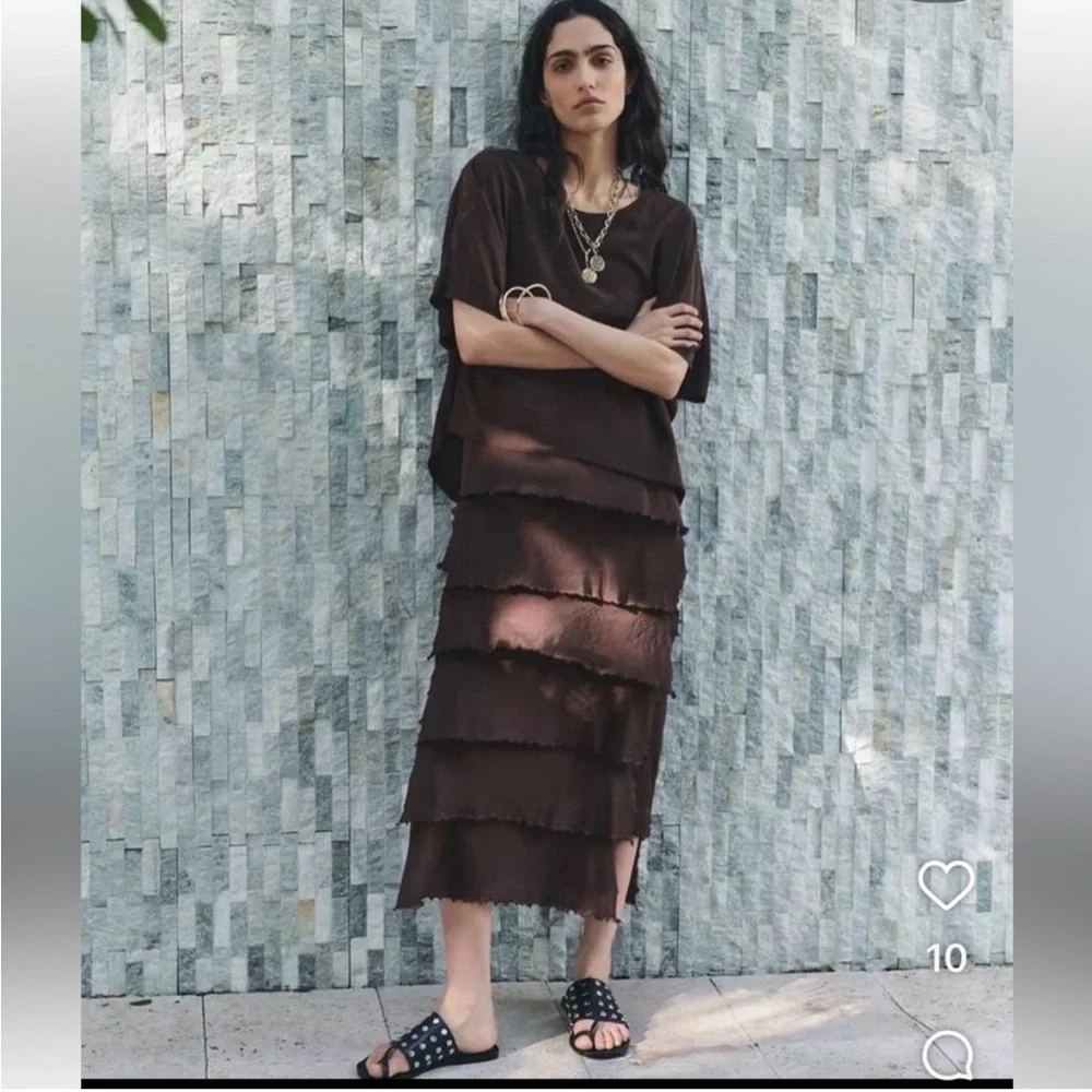 Zara Brown Layered Ruffle Maxi Dress - Picture 4 of 7